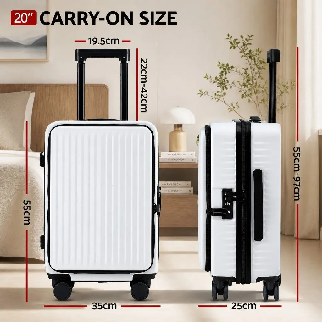 20" Carry On Luggage Suitcase Front Pocket Quick Access Laptop Compartment White