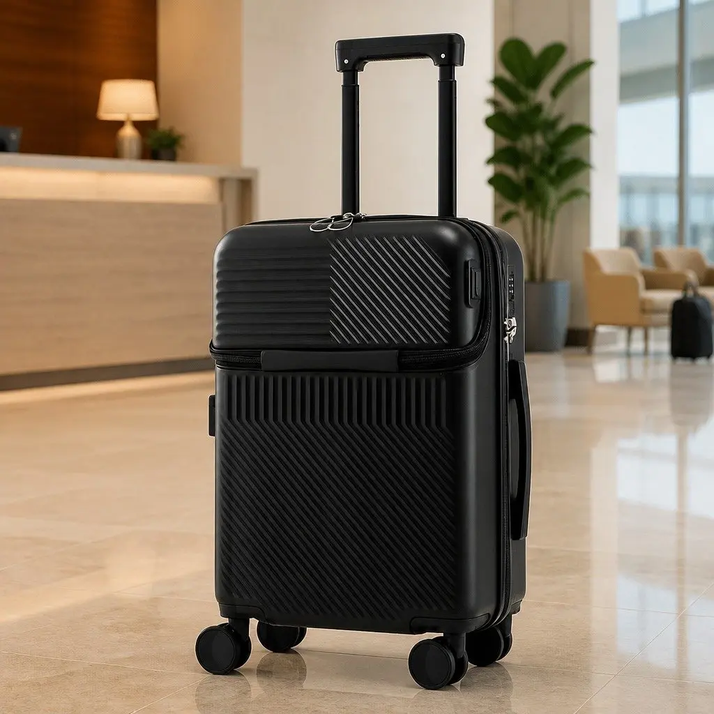 20" Carry On Luggage Suitcase Front Pocket Quick Access Laptop Compartment Black ABS Travel Case Spinner