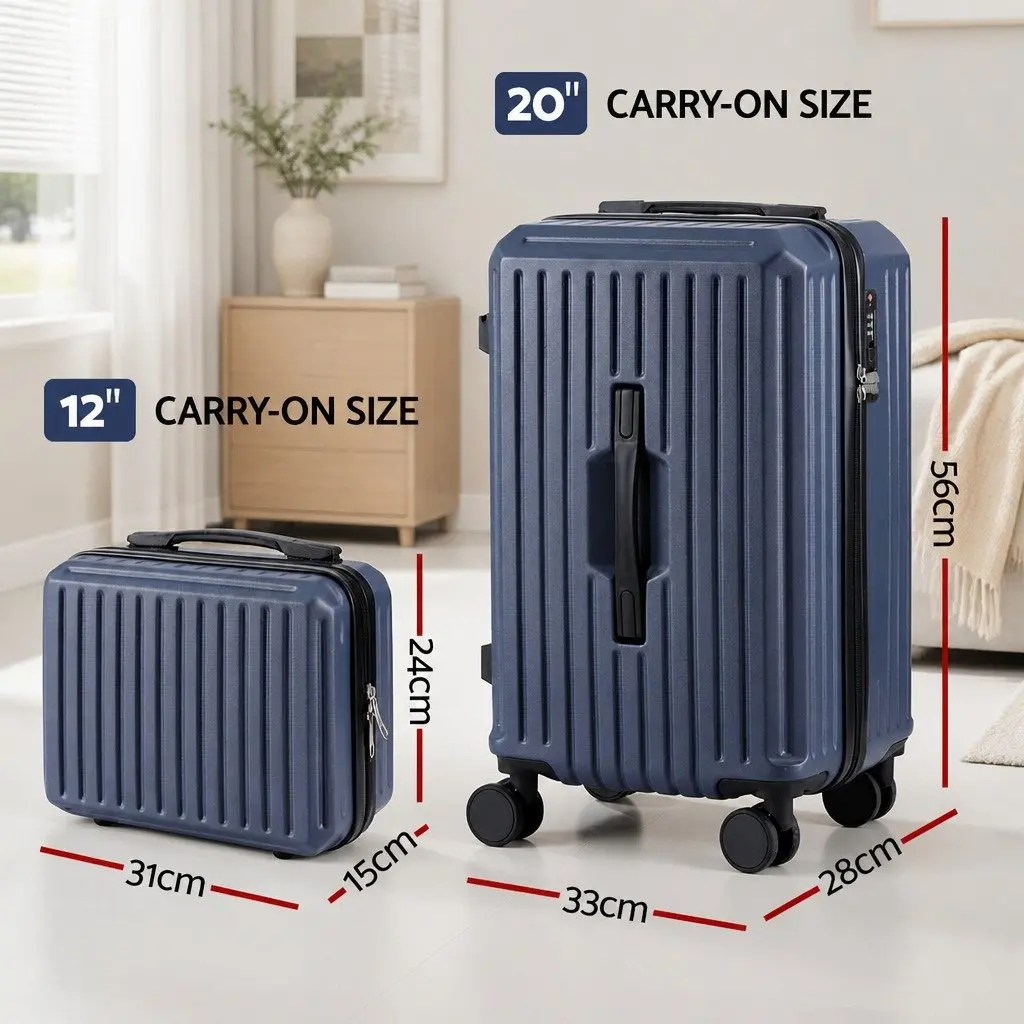 Trunk Luggage Suitcase Set 2pcs Travel Carry On Hard Shell 12" 20" Navy Blue