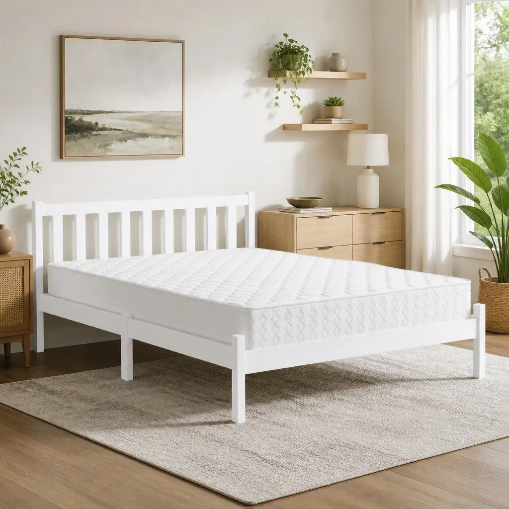 Double Mattress with Wooden Bed Frame Natural Pine Timber Base White Bedroom