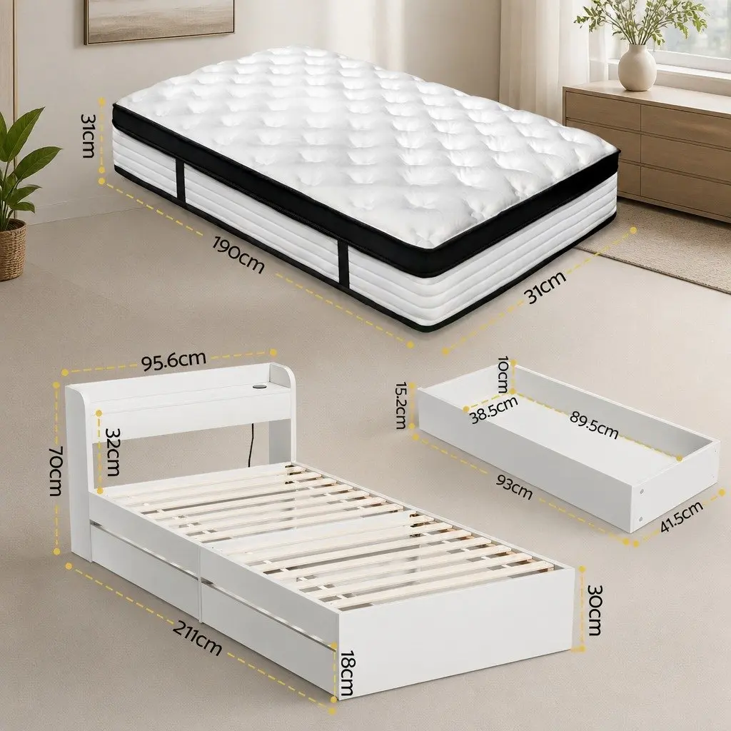 Single Mattress 5-Zone Pocket Spring with Wooden Storage Bed Frame White