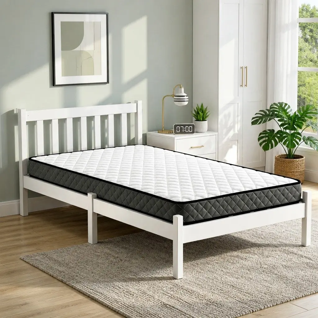 Single Mattress and Bed Frame Set White Pine Wood 16cm Hybrid Spring Comfort