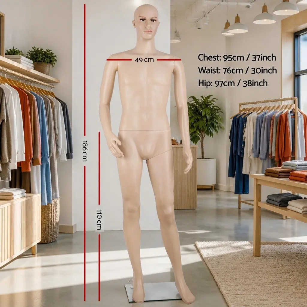 Full Body Male Mannequin Adjustable Arms Head 186cm Skin Colour Retail Display
