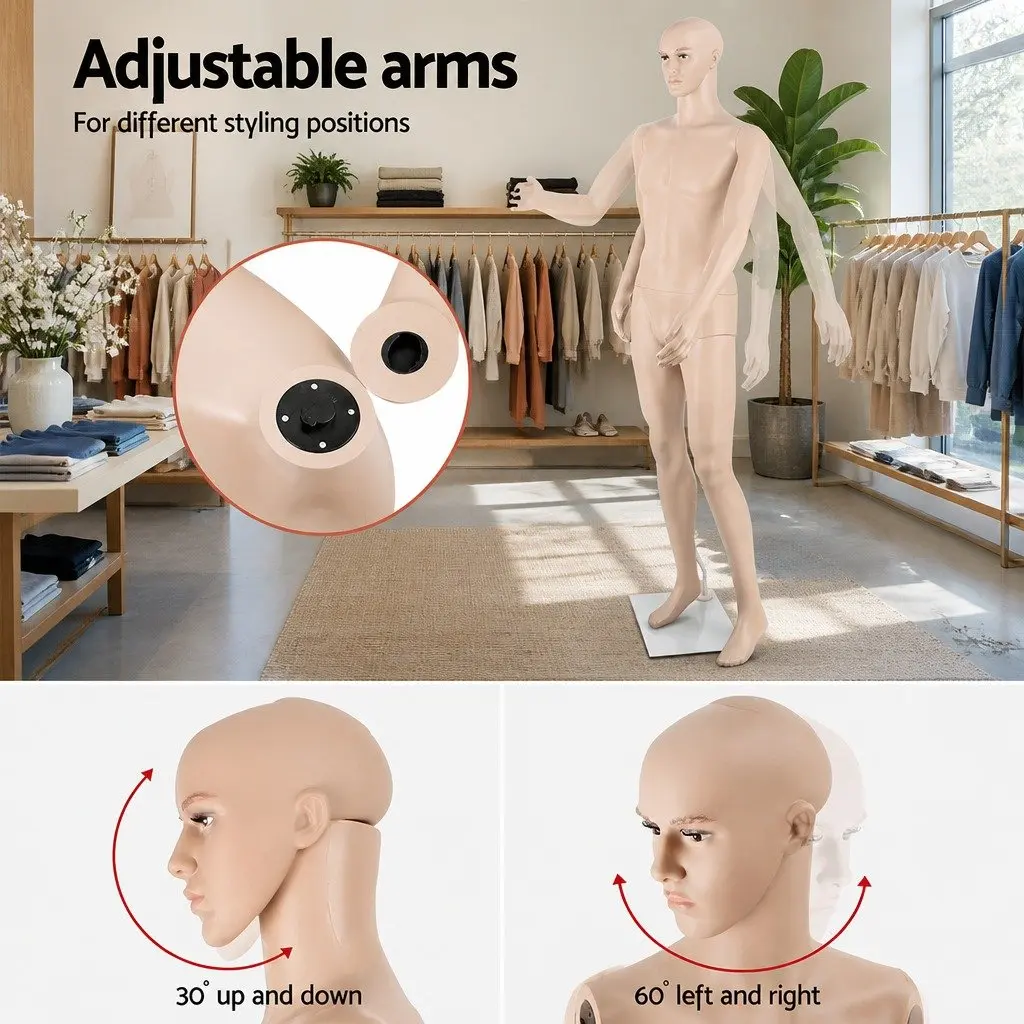 Full Body Male Mannequin Adjustable Arms Head 186cm Skin Colour Retail Display