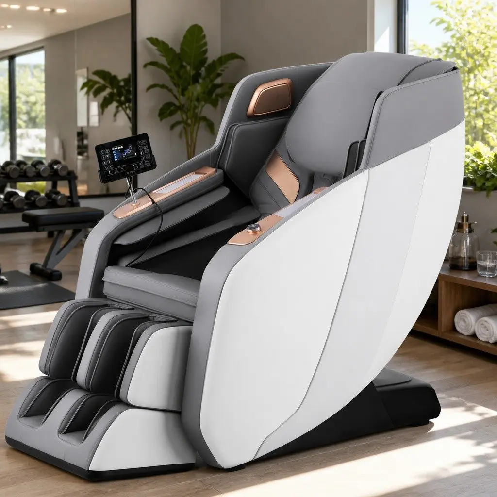 Electric Massage Chair Full Body Airbag Heat Therapy Bluetooth Speaker White Grey PU Leather