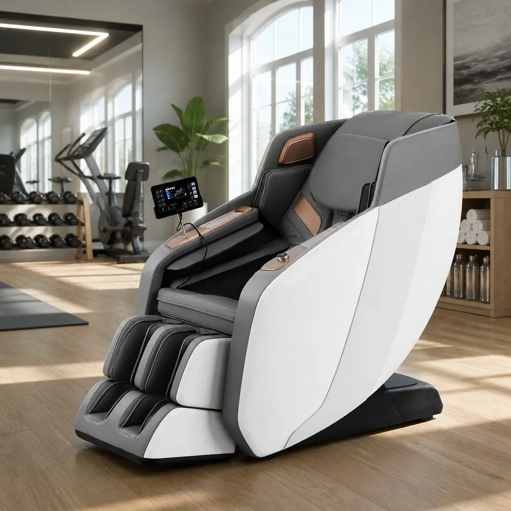 Electric Massage Chair Full Body Airbag Heat Therapy Bluetooth Speaker White Grey PU Leather
