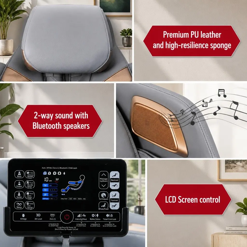 Electric Massage Chair Full Body Airbag Heat Therapy Bluetooth Speaker White Grey PU Leather