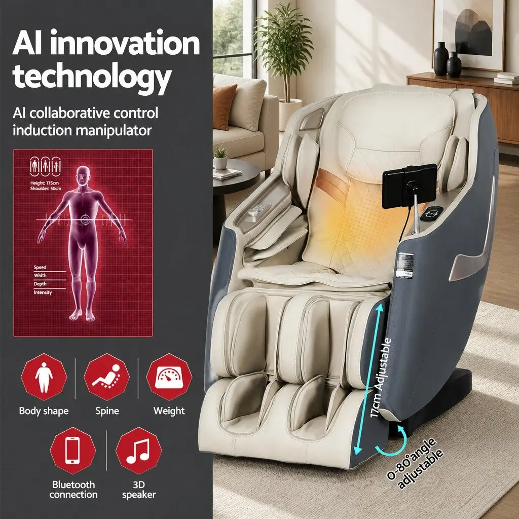 Massage Chair Electric Recliner 3D Full Body Massager 130cm SL-track Grey Leather