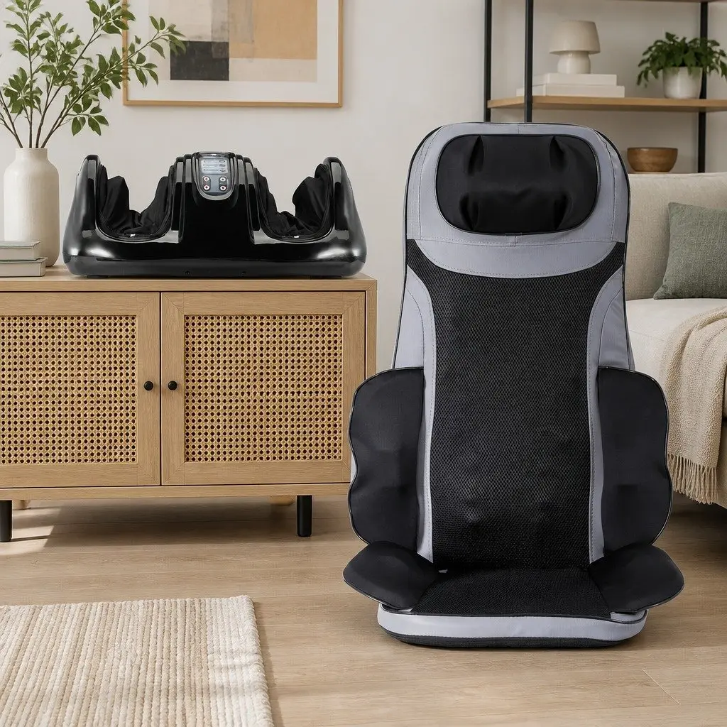 Massage Seat Cushion with Foot Massager Full Back Heating 8-Node Black