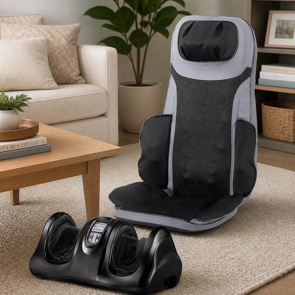 Massage Seat Cushion with Foot Massager Full Back Heating 8-Node Black