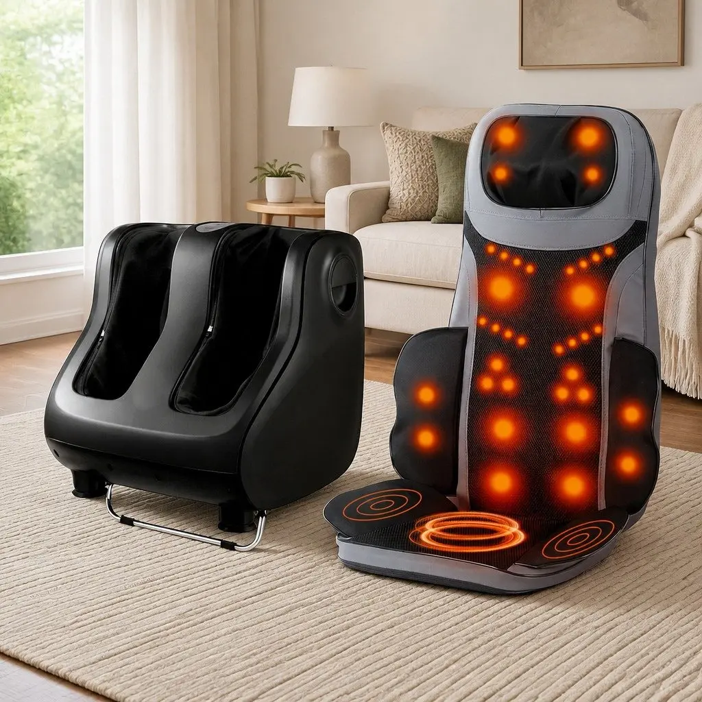 Full Back Massage Seat Cushion with Heating and 360 Degree Foot Massager Combo Black