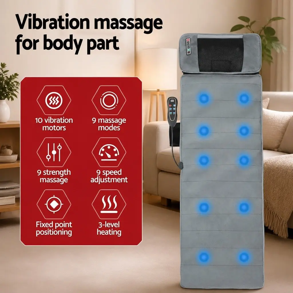Electric Massage Mat 10 Motors Vibration Heating Neck Back Relaxation Grey Short Plush
