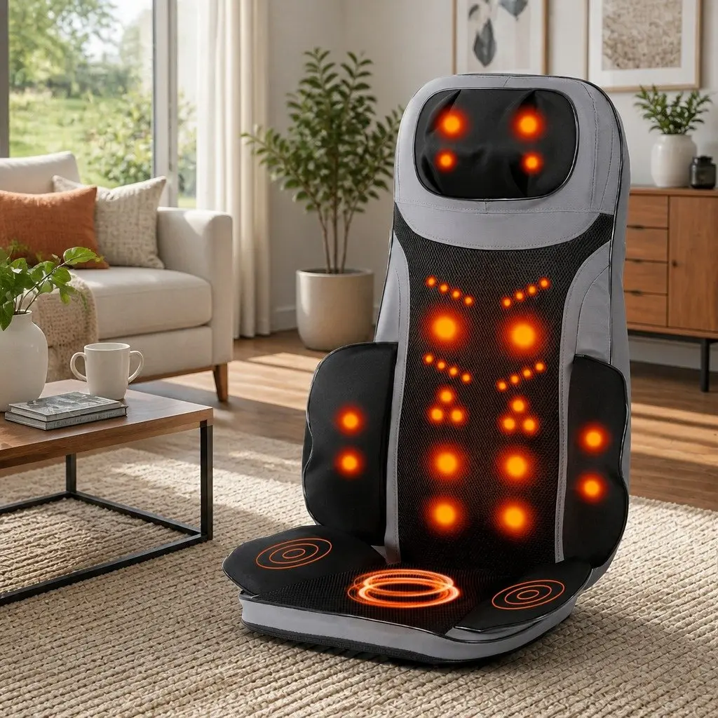 Full Back Massage Seat Cushion with Heating 8-Node Kneading Vibration Black