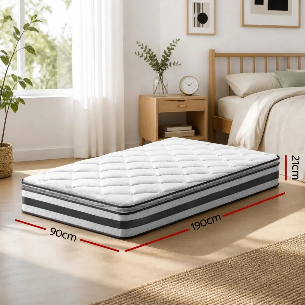 Single Mattress 21cm Pillow Top Medium Firm Bonnell Spring Breathable White