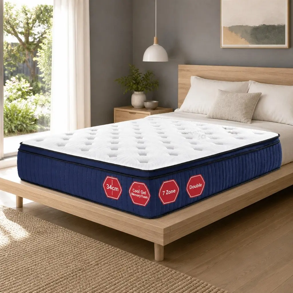 Double Mattress Cool Gel Memory Foam 34cm 7 Zone Pocket Springs Medium Firm White