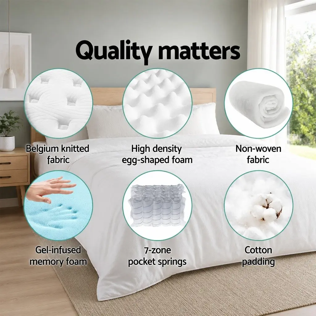 Double Mattress Cool Gel Memory Foam 34cm 7 Zone Pocket Springs Medium Firm White