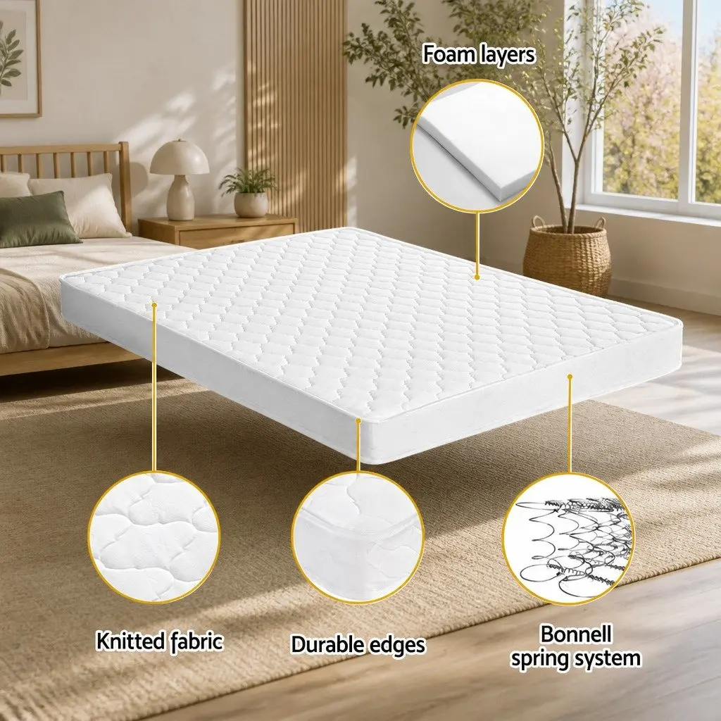 King Single Mattress Medium Firm 13cm Bonnell Spring Tight Top White