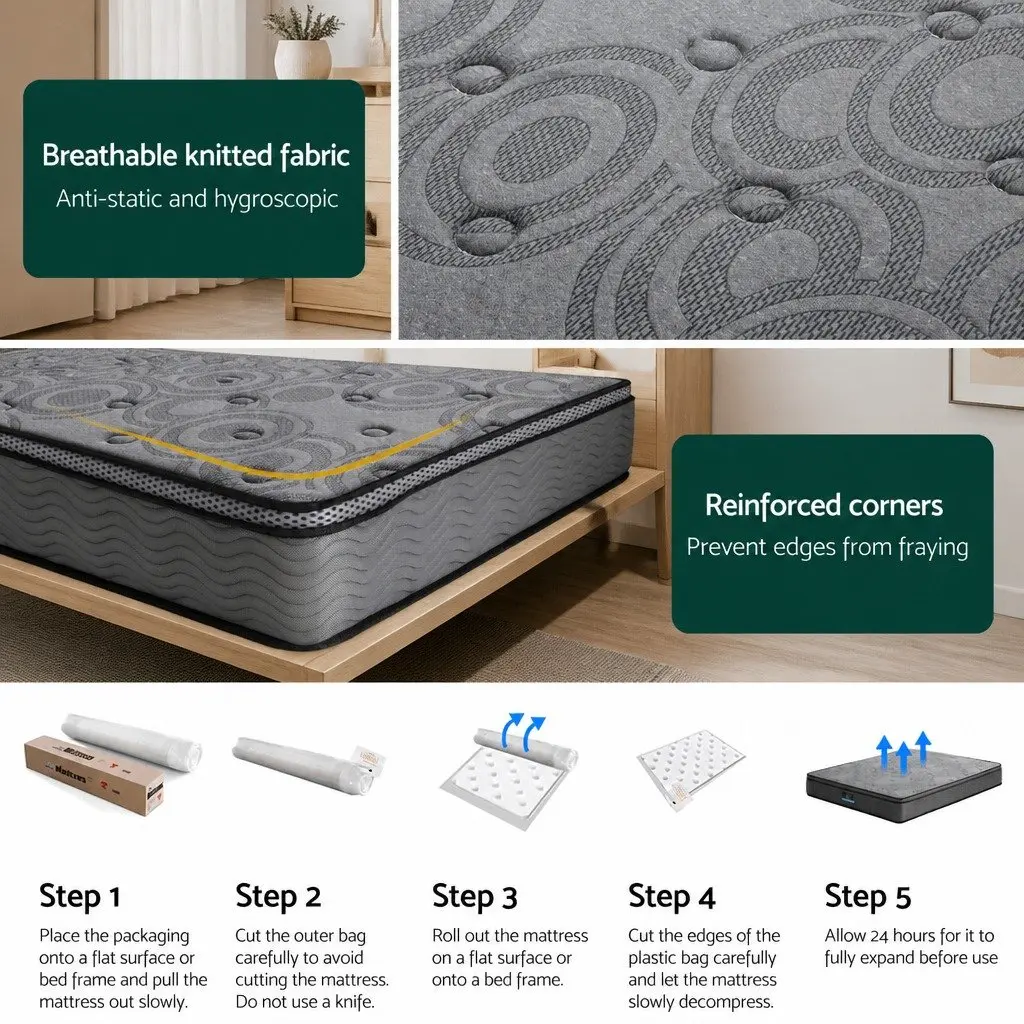 King Size Mattress Euro Top 26cm Medium Firm Pocket Spring Memory Foam Grey