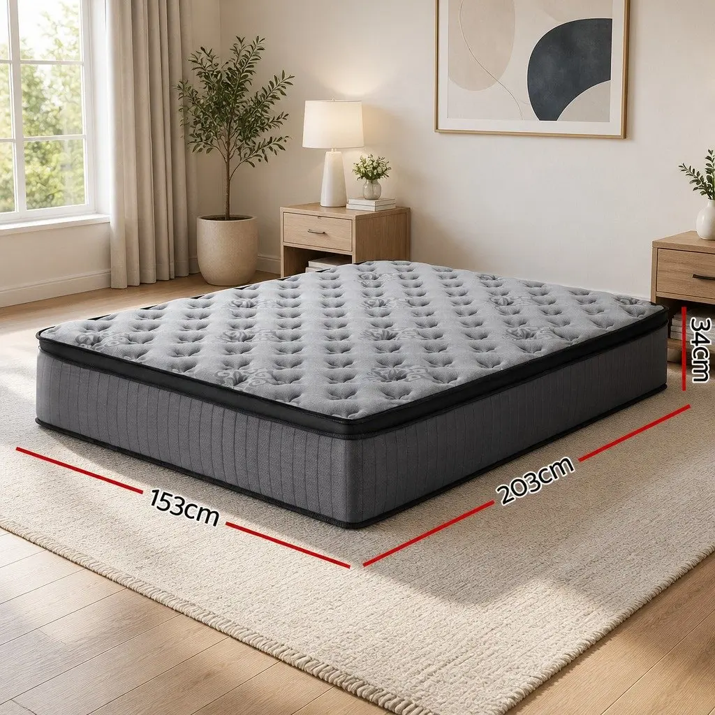 Queen Mattress Euro Top 34cm Medium Firm Support Grey Pocket Spring