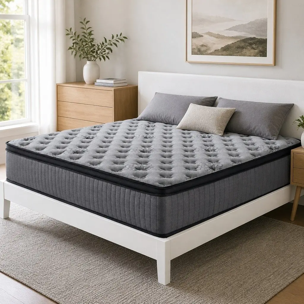 Queen Mattress Euro Top 34cm Medium Firm Support Grey Pocket Spring