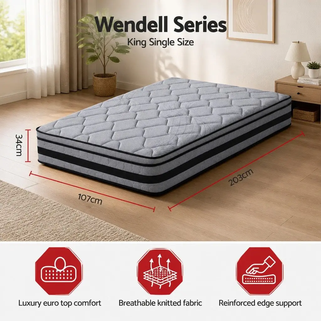 King Single Mattress 34cm Hybrid Pocket Spring Bed Euro Top Medium Firm Support