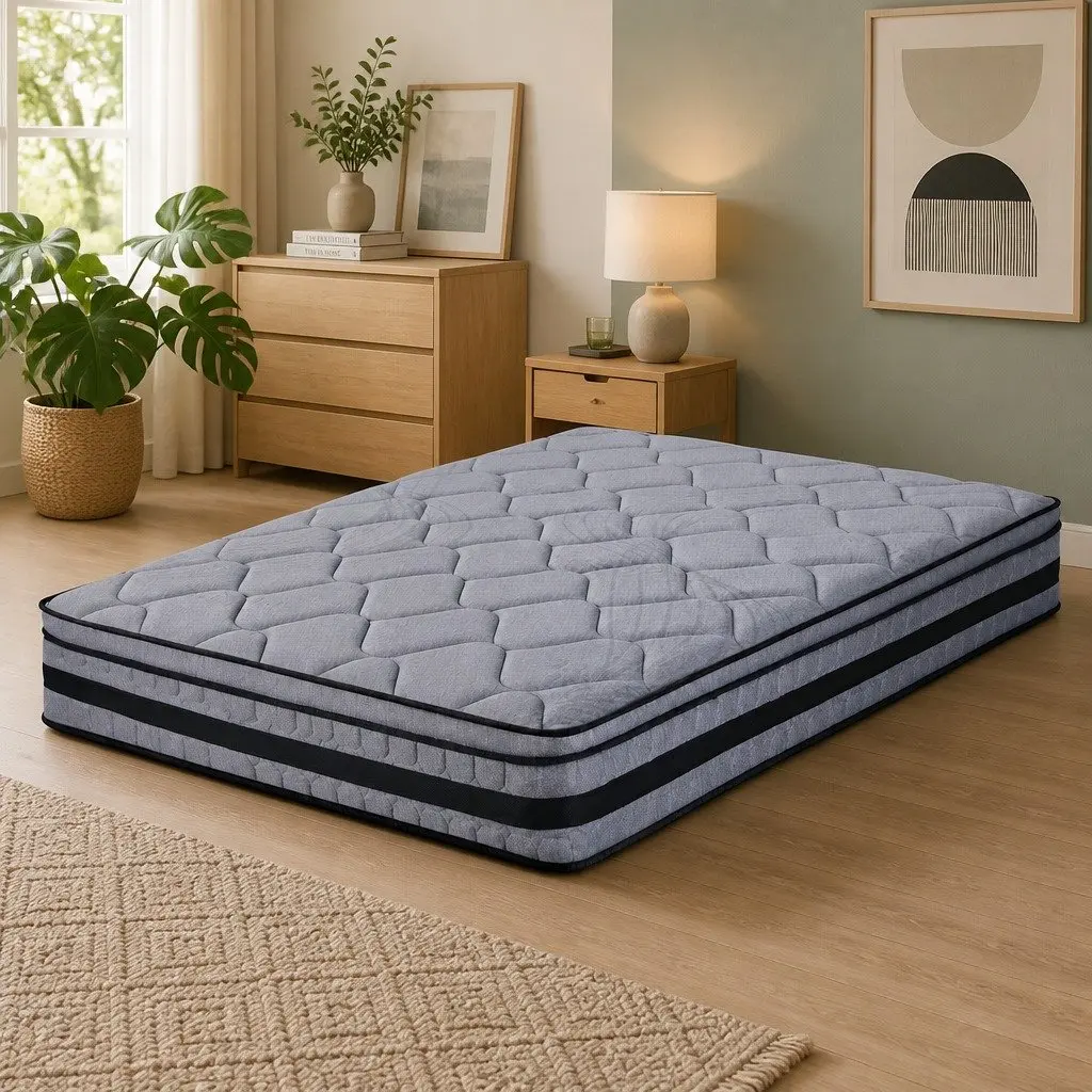 Queen Mattress Hybrid Pocket Spring 34cm Euro Top Medium Firm Support Grey and Black
