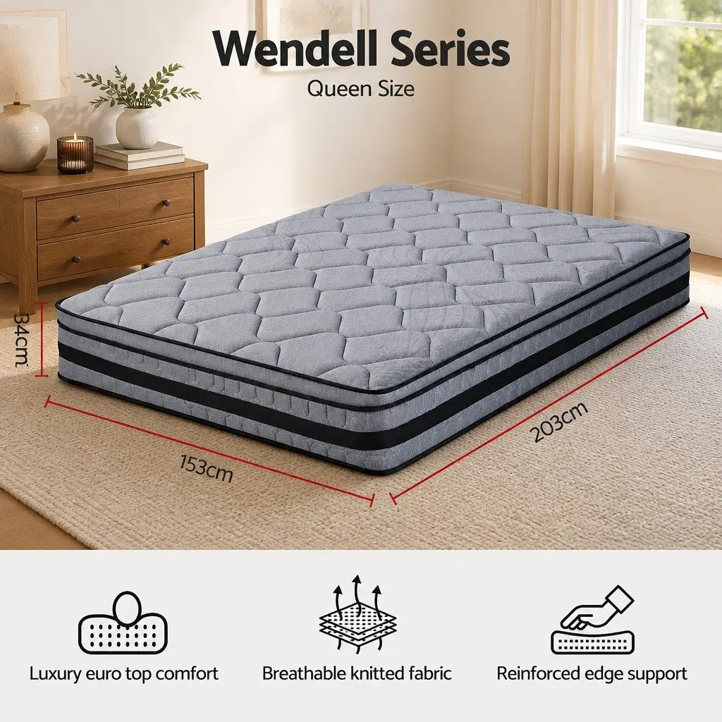 Queen Mattress Hybrid Pocket Spring 34cm Euro Top Medium Firm Support Grey and Black