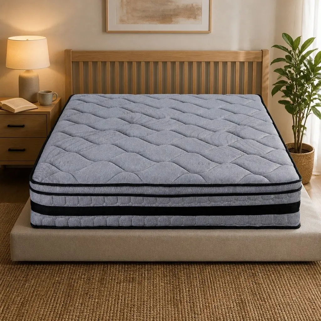 Queen Mattress Hybrid Pocket Spring 34cm Euro Top Medium Firm Support Grey and Black