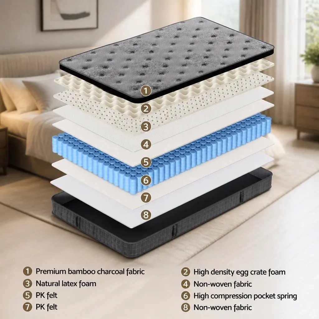 King Single Mattress 26cm Latex Foam Euro Top Medium Firm Pocket Spring Support Bamboo Charcoal Cover