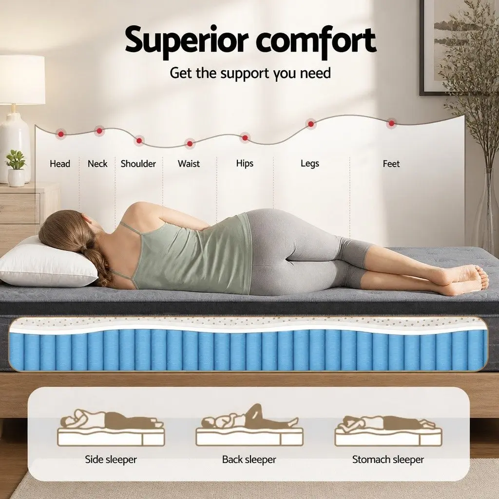 King Single Mattress 26cm Latex Foam Euro Top Medium Firm Pocket Spring Support Bamboo Charcoal Cover