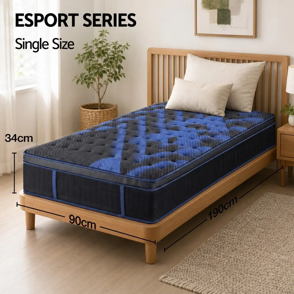 Single Mattress Cooling Gel Memory Foam Pocket Spring 34cm Medium Firm Black Blue