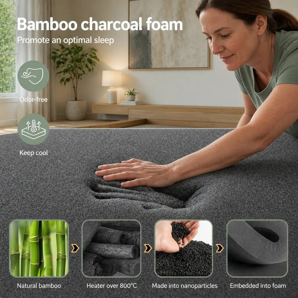 Double Mattress Hybrid Pocket Spring Bamboo Charcoal Foam 35cm Medium Firm Black