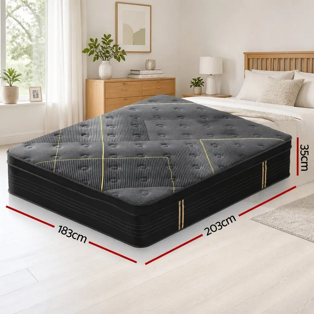 King Size Mattress Hybrid Pocket Spring 35cm Bamboo Charcoal Foam Euro Top Black