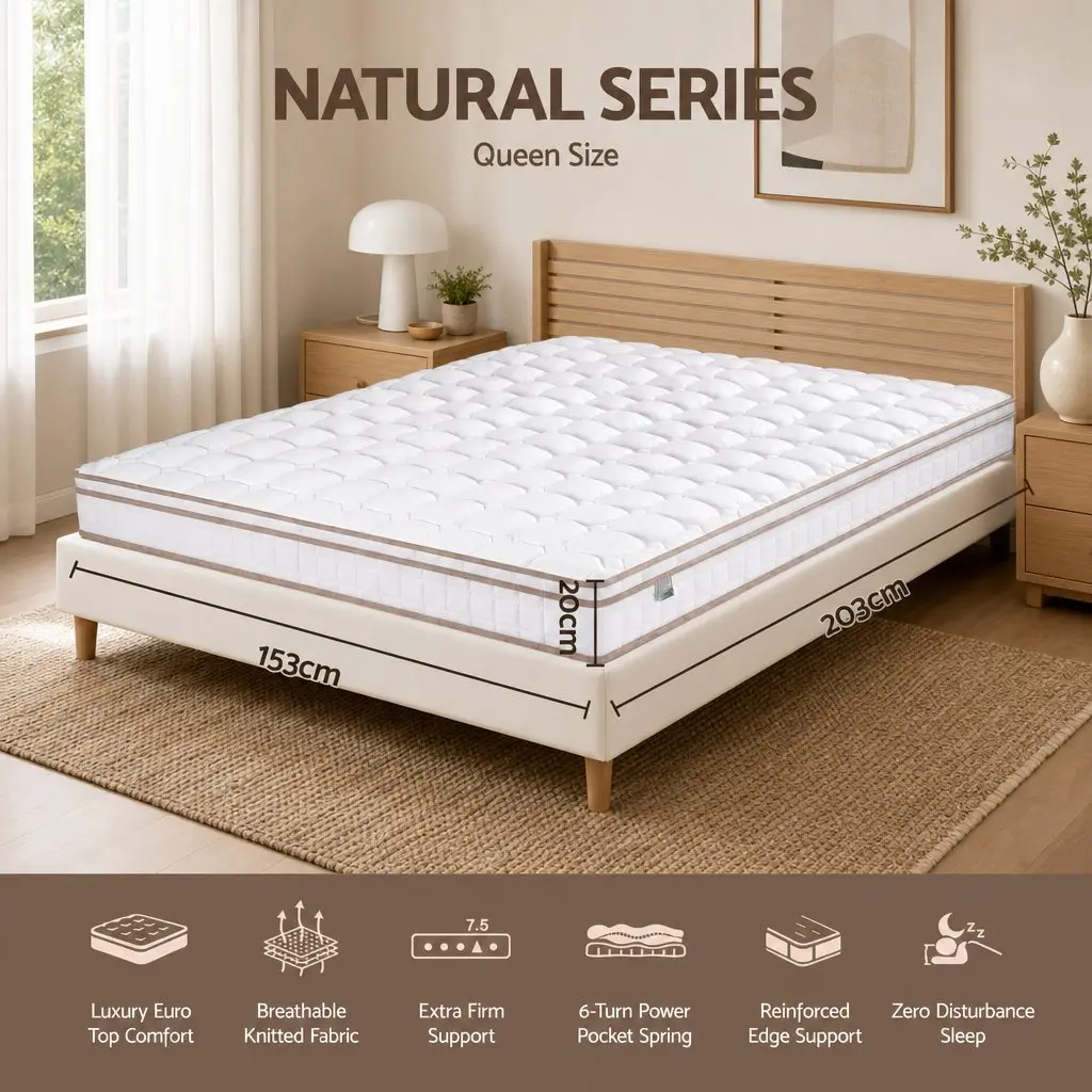 Queen Mattress Firm Pocket Spring 20cm White Breathable Sleep Support