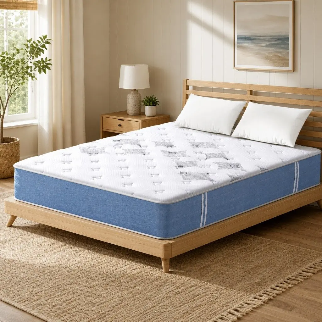 Queen Mattress 25cm Pocket Spring Euro Top Medium Firm Bed Mattress White Blue