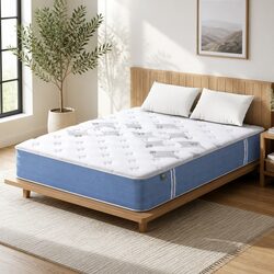 Queen Mattress 25cm Pocket Spring Euro Top Medium Firm Bed Mattress White Blue