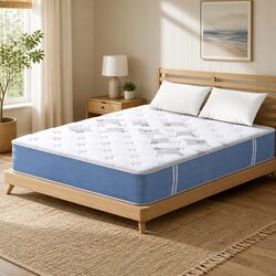 Queen Mattress 25cm Pocket Spring Euro Top Medium Firm Bed Mattress White Blue