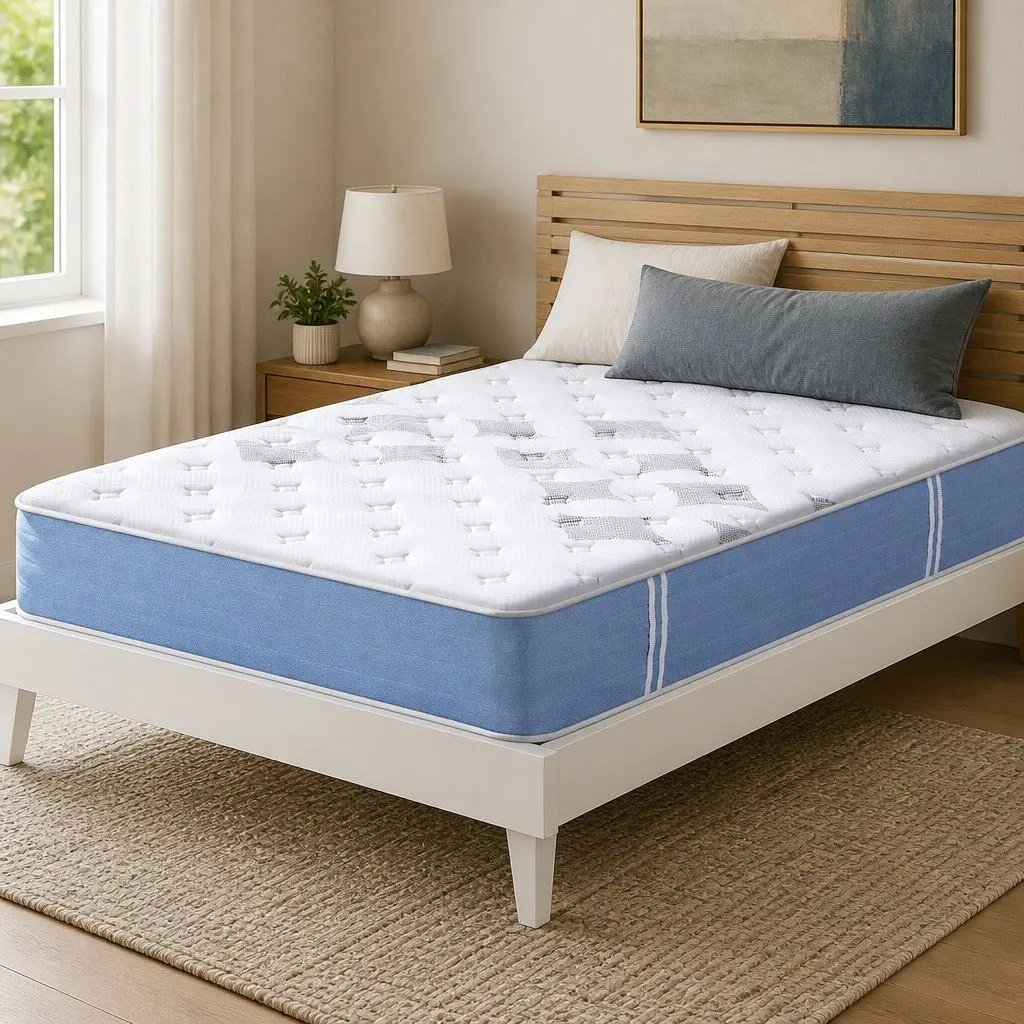 Queen Mattress 25cm Pocket Spring Euro Top Medium Firm Bed Mattress White Blue