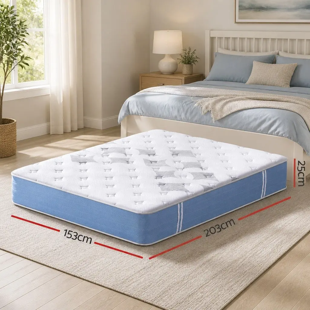 Queen Mattress 25cm Pocket Spring Euro Top Medium Firm Bed Mattress White Blue