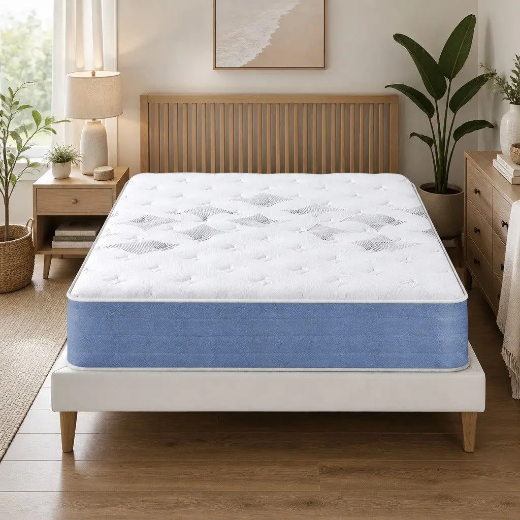 Queen Mattress 25cm Pocket Spring Euro Top Medium Firm Bed Mattress White Blue