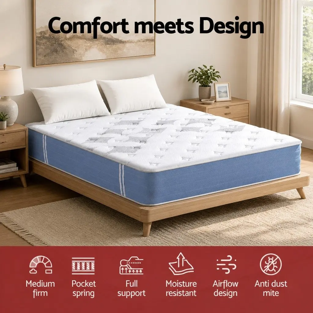 Queen Mattress 25cm Pocket Spring Euro Top Medium Firm Bed Mattress White Blue