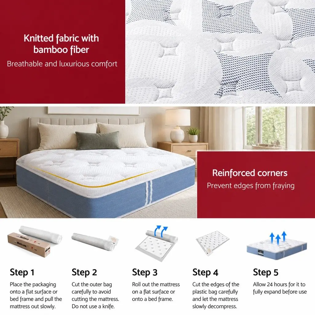 Queen Mattress 25cm Pocket Spring Euro Top Medium Firm Bed Mattress White Blue