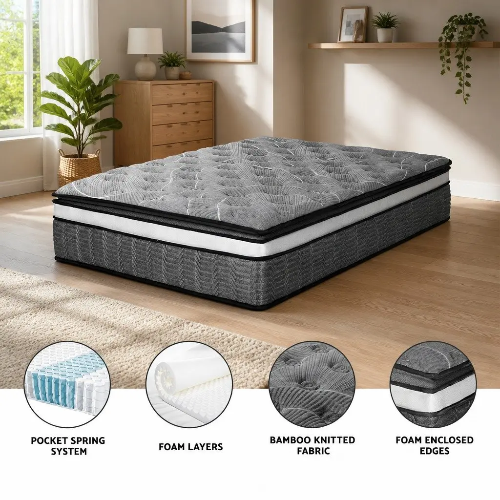 Double Mattress Pocket Spring 34cm Medium Firm Hypoallergenic Quilted Black