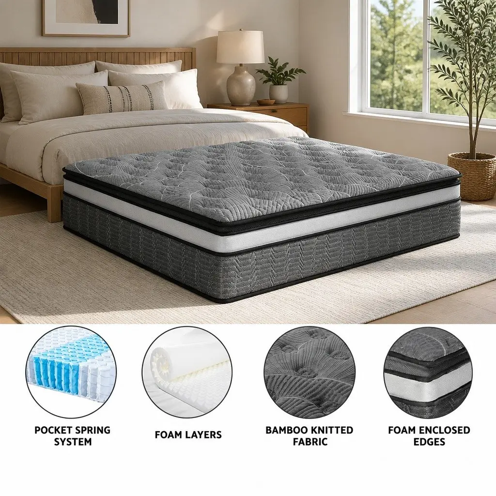 King Size Mattress Double Layer Pocket Spring 34cm Medium Firm Bamboo