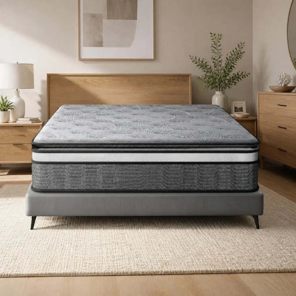 Queen Mattress Double Layer Pocket Spring 34cm Medium Firm Bamboo Knitted Top Black