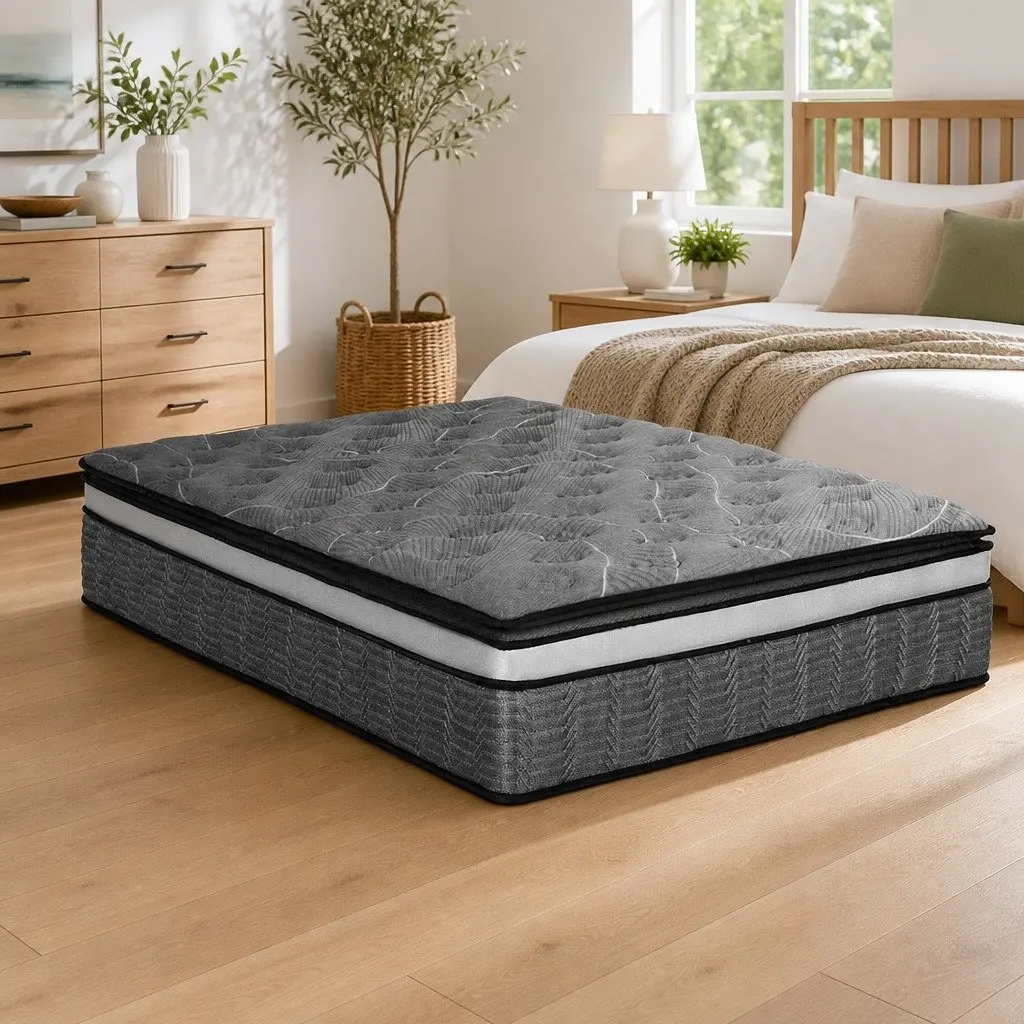 Queen Mattress Double Layer Pocket Spring 34cm Medium Firm Bamboo Knitted Top Black