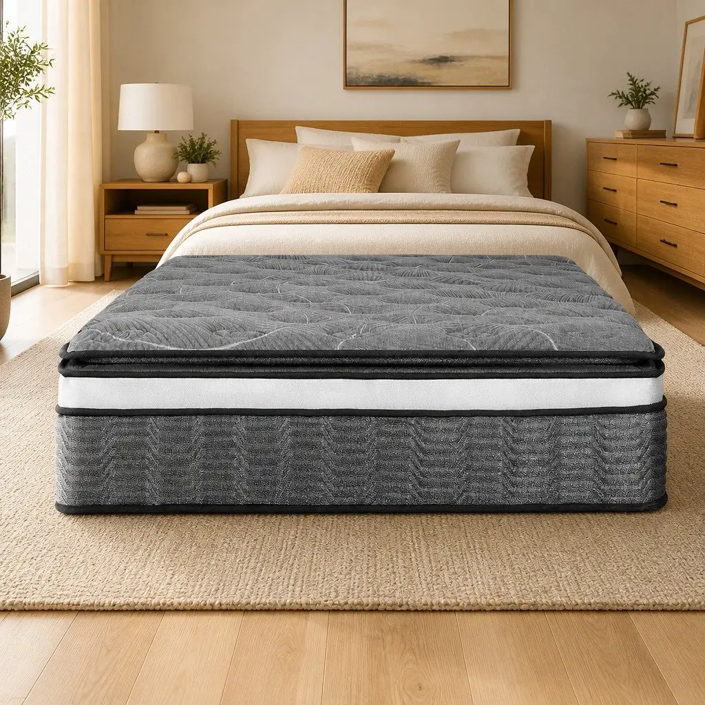 Queen Mattress Double Layer Pocket Spring 34cm Medium Firm Bamboo Knitted Top Black