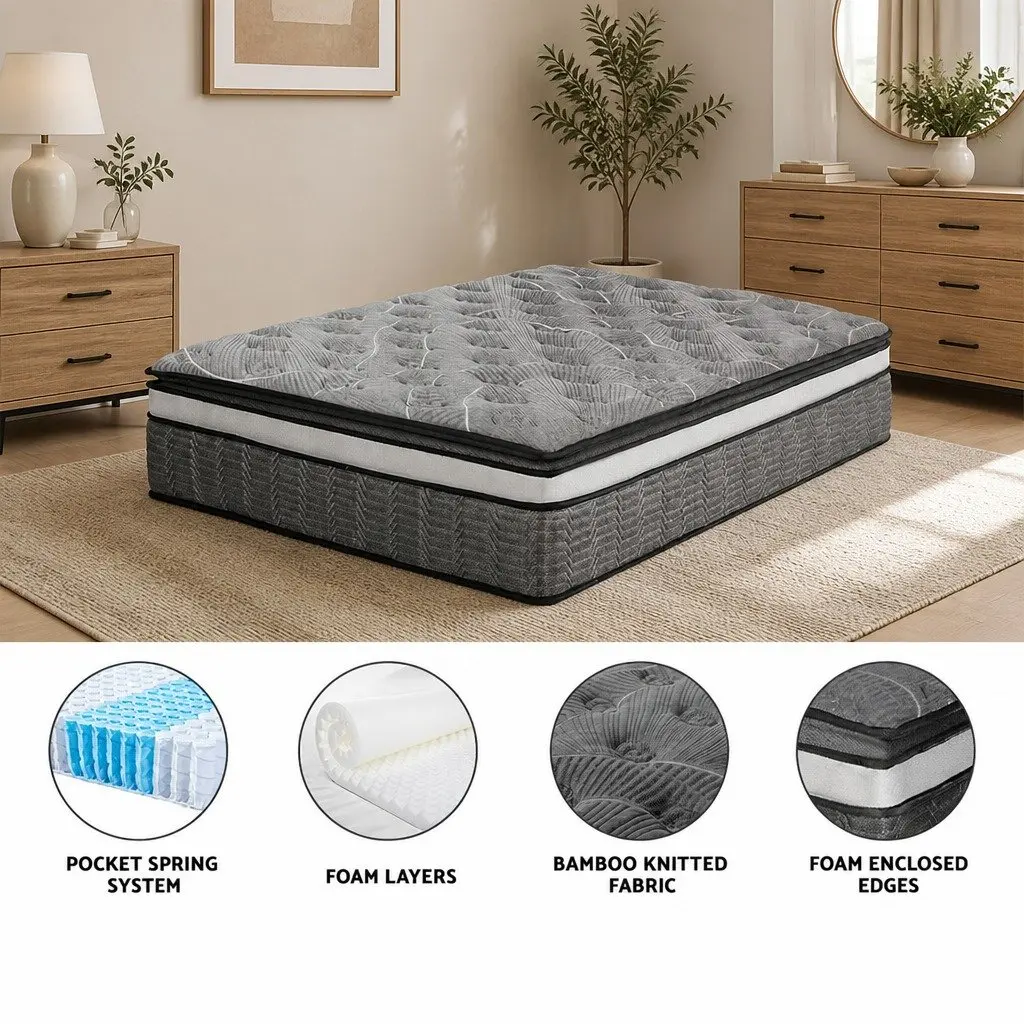 Queen Mattress Double Layer Pocket Spring 34cm Medium Firm Bamboo Knitted Top Black