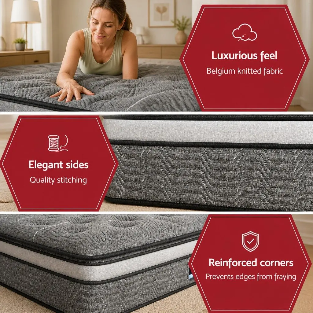 Queen Mattress Double Layer Pocket Spring 34cm Medium Firm Bamboo Knitted Top Black