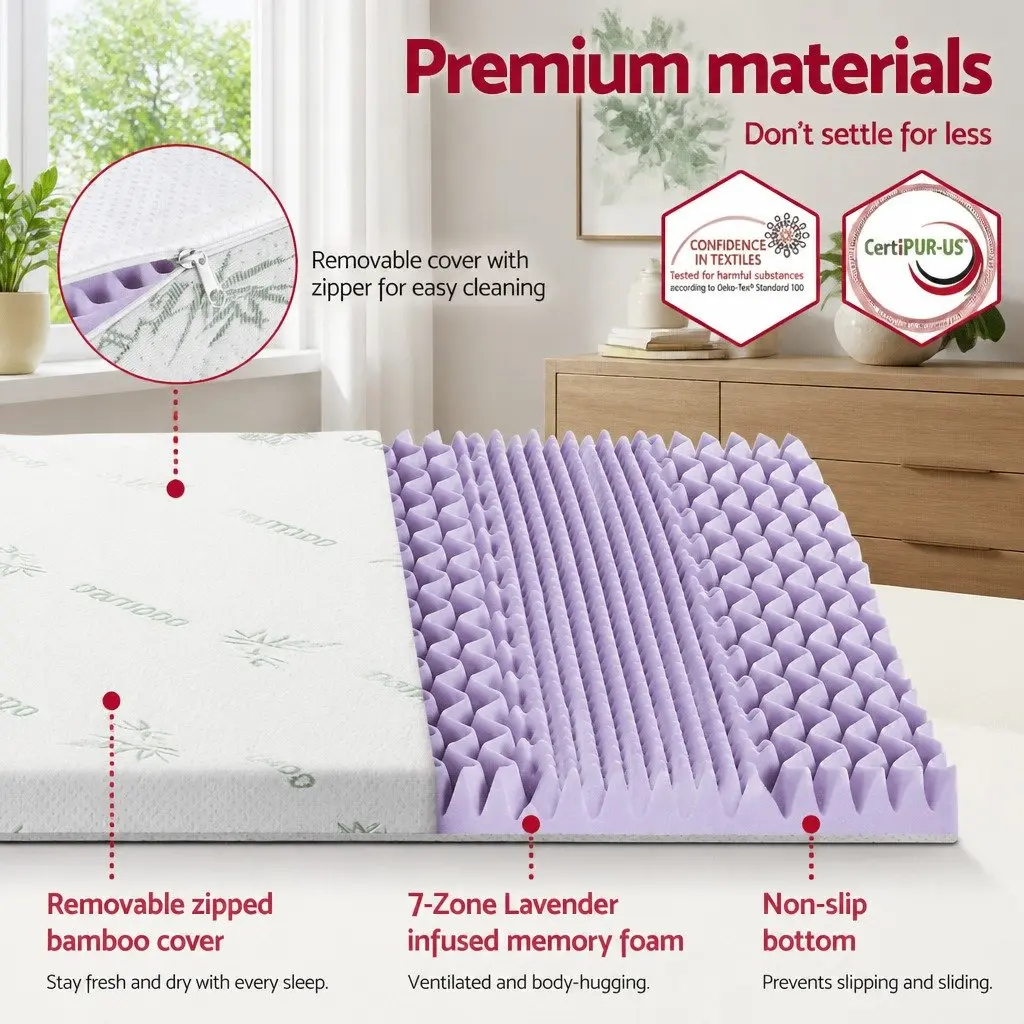 8cm Memory Foam Mattress Topper Double Bed Lavender Bamboo Cover 7-Zone Support